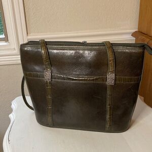 Vintage Brighton Green Leather Croc Trim Shoulder Tote Handbag